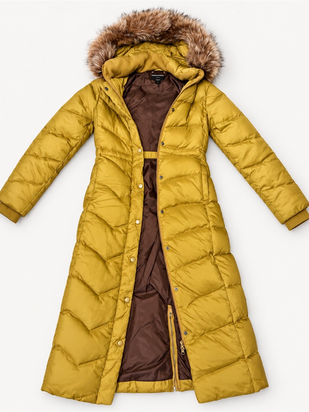 Brooklyn Industries Long Down Puffer Coat S Custom Sustainable Fur Hood Mustard